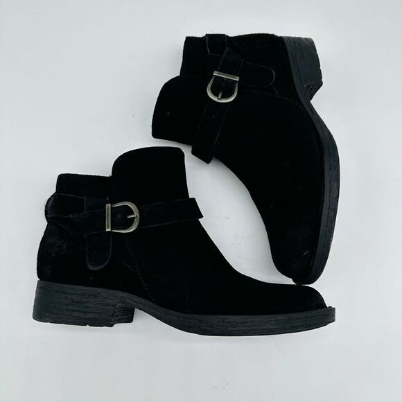 Born Lesley Black Suede Side Buckle Strap Round Toe Low Heel Bootie - Picture 2 of 7